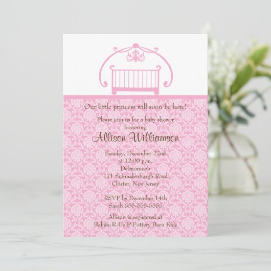 Damask Wieg Girl Baby shower Invitation Kaart (Staand voorkant)