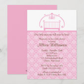 Damask Wieg Girl Baby shower Invitation Kaart (Voorkant / Achterkant)
