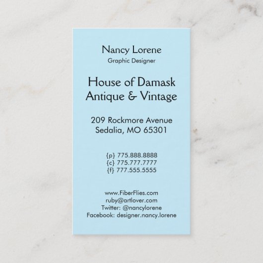 Damask Wildbloemen, MADAM VALESKA in BLUE Visitekaartje (Achterkant)