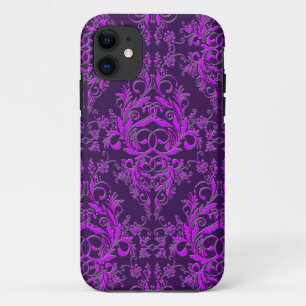 Damask Wilde Bloemen, Geperst Metaal in Paars iPhone 11 Hoesje
