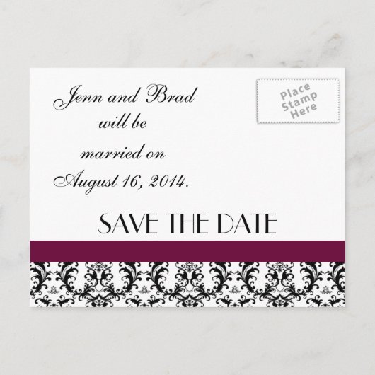 Damask Wine Wedding Bewaar de datum Aankondigingskaart (Achterkant)