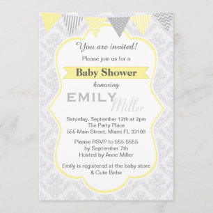 Damask Yellow Baby shower Invitation Unisex Kaart