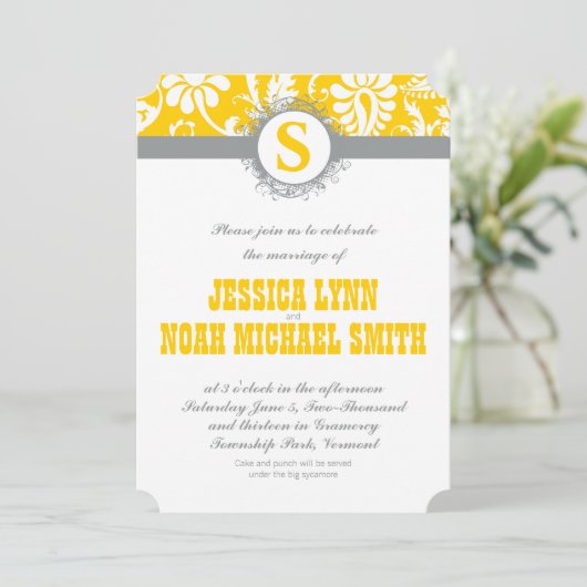 Damask Yellow Gray Monogram Wedding Invite Kaart (Staand voorkant)