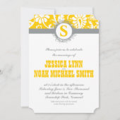 Damask Yellow Gray Monogram Wedding Invite Kaart (Voorkant)
