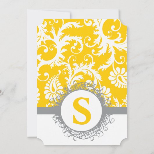 Damask Yellow Gray Monogram Wedding Invite Kaart (Achterkant)