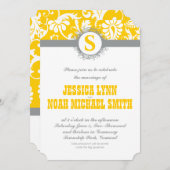 Damask Yellow Gray Monogram Wedding Invite Kaart (Voorkant / Achterkant)