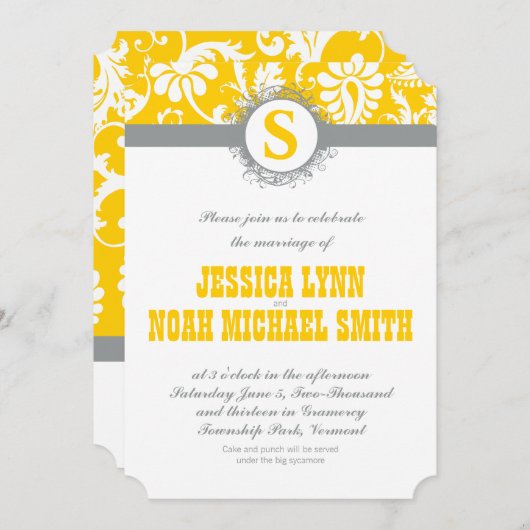 Damask Yellow Gray Monogram Wedding Invite Kaart (Voorkant / Achterkant)