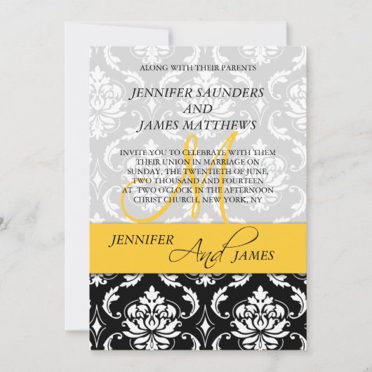 Damask Yellow Monogram Names Wedding Invitation Kaart (Voorkant)