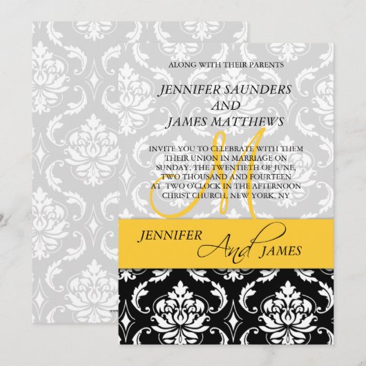 Damask Yellow Monogram Names Wedding Invitation Kaart (Voorkant / Achterkant)