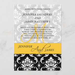 Damask Yellow Monogram Names Wedding Invitation Kaart