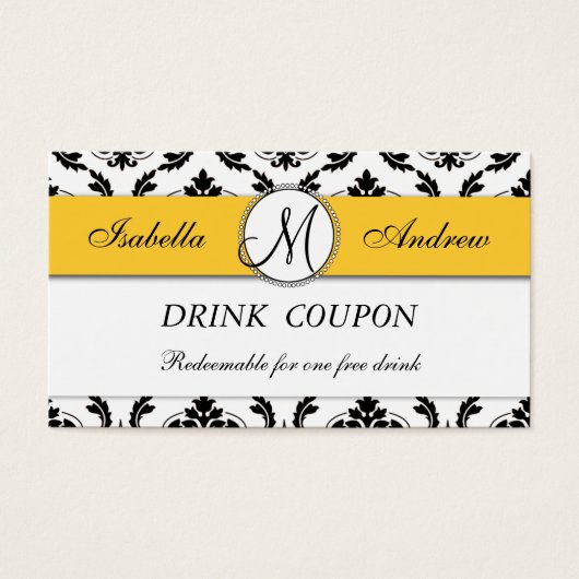 Damask Yellow Wedding Free Drink Coupon Card Visitekaartje (Voorkant)