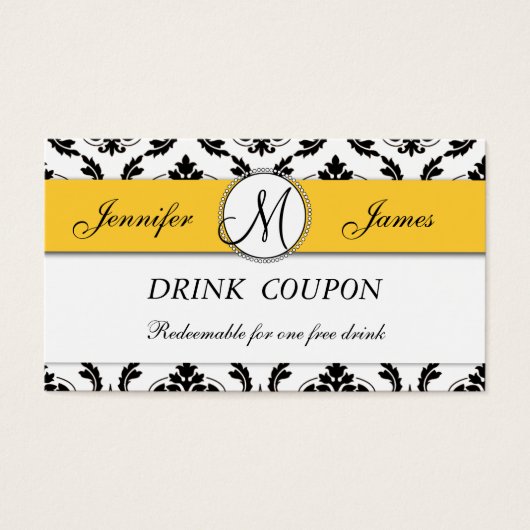 Damask Yellow Wedding Free Drink Coupon Card Visitekaartjes (Voorkant)