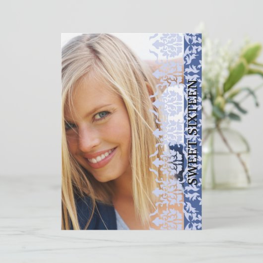 Damask zie Foto Blue Invitation Kaart (Staand voorkant)