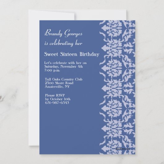 Damask zie Foto Blue Invitation Kaart (Achterkant)