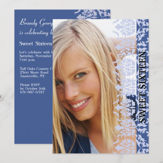 Damask zie Foto Blue Invitation Kaart (Voorkant / Achterkant)