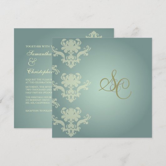 Damask + zilverblauw/bruiloft-uitnodigingen kaart (Voorkant / Achterkant)