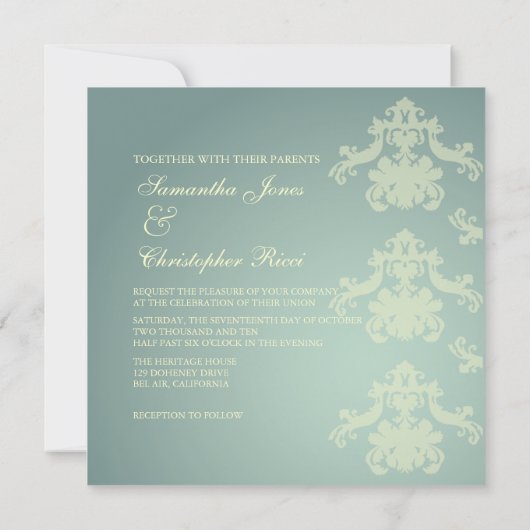 Damask + zilverblauw/bruiloft-uitnodigingen kaart (Achterkant)