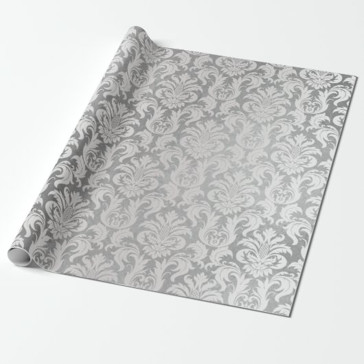 Damask Zilveren Grijs Royal Metallic Elegant Bruil Cadeaupapier (Uitgerold)
