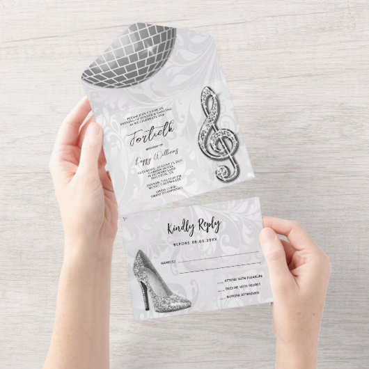 Damask, Zilveren Stiletto, Muziek & Discobal 40e All In One Uitnodiging (Afscheurbaar)