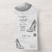 Damask, Zilveren Stiletto's & Disco Ball 40e QR CO All In One Uitnodiging (Binnen)