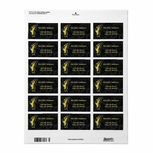 Damask Zwart Gele Vlinder Bruiloft Etiket (Full Sheet)