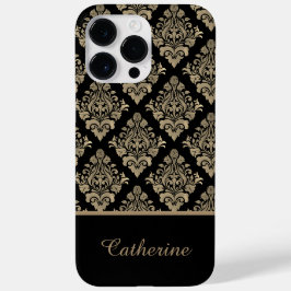 Damask Zwart Goud Swirl Gepersonaliseerde Naam Case-Mate iPhone 14 Pro Max Hoesje