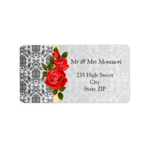 Damask zwart grijs, rode rozen Retouradres Label