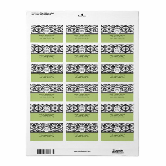 Damask zwart limoen monogram Wedding Label (Full Sheet)