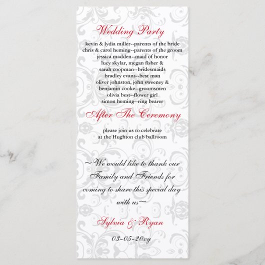 Damask zwart rood MONOGRAM Trouwprogramma Programmakaart (Achterkant)