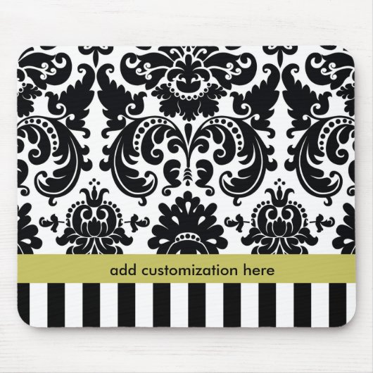 Damask Zwart Wit Chartreuse + Strepen Muismat (Voorkant)