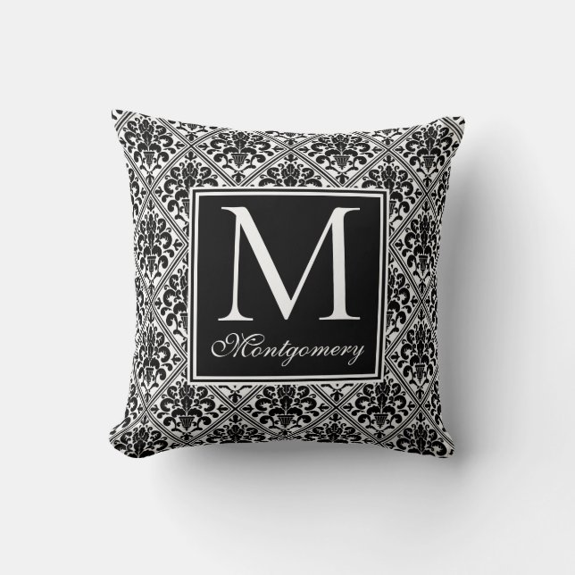 Damask Zwart Wit Monogram Kussen (Voorkant)