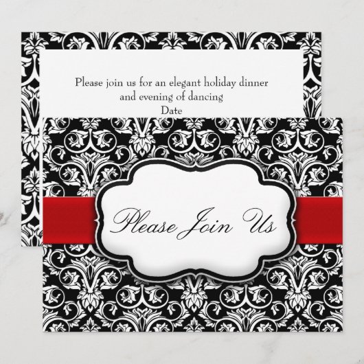 Damask Zwart/Wit/Rood Feest Uitnodigingen (Voorkant / Achterkant)