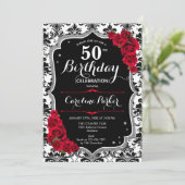 Damask Zwart Wit Zilver Rood Foto 50e Verjaardag Kaart (Staand voorkant)