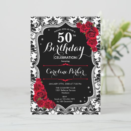 Damask Zwart Wit Zilver Rood Foto 50e Verjaardag Kaart (Staand voorkant)