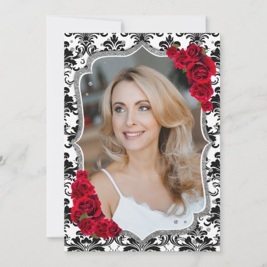Damask Zwart Wit Zilver Rood Foto 50e Verjaardag Kaart (Achterkant)