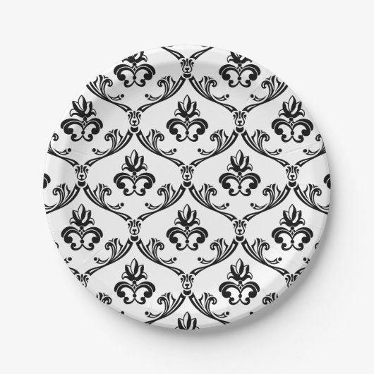  Damask zwart-witte bloem Papieren Bordje (Voorkant)
