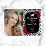 Damask Zwart Zilver Rood Rozen Foto 50e Verjaardag Kaart<br><div class="desc">Elegante bloemenvrouwelijke 50e verjaardagsuitnodiging met uw foto. Glam zwart wit rood design met faux glitter zilver. Beschikt over zwart-wit damast patroon, rode rozen, script lettertype en confetti. Perfect voor een stijlvol volwassen feestje. Personaliseer met je eigen gegevens. Kan voor om het even welke leeftijd worden aangepast! Gedrukte Zazzle-uitnodigingen of direct...</div>