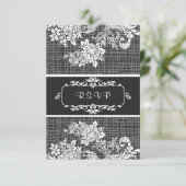 Damask zwarte en witte RSVP Uitnodiging (Staand voorkant)