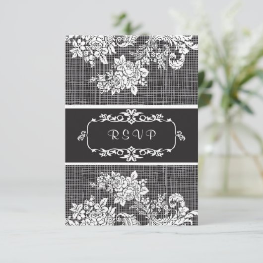 Damask zwarte en witte RSVP Uitnodiging (Staand voorkant)