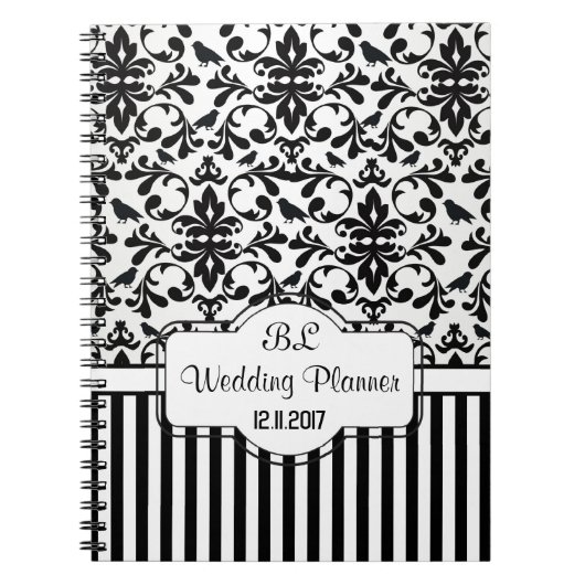 Damask zwarte witte strepen Wedding Planner-laptop Notitieboek (Voorkant)