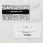 Damaskgrijs / zwarte band / zilveren voering visitekaartje (Voorkant / Achterkant)