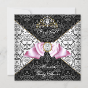 Damaskgrijze Baby Shower Meisje Zwart Roze Prinses Kaart