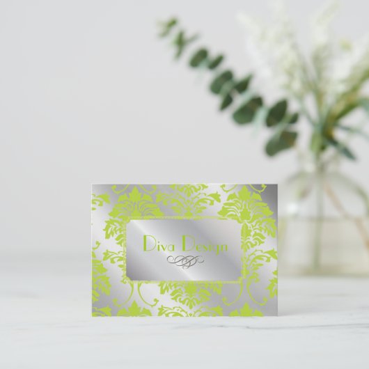 Damaskleurig visitekaartje in kalkgroen op zilvert (Staand voorkant)