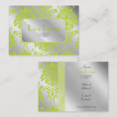 Damaskleurig visitekaartje in kalkgroen op zilvert (Voorkant / Achterkant)