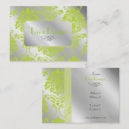 Damaskleurig visitekaartje in kalkgroen op zilvert (Voorkant / Achterkant)