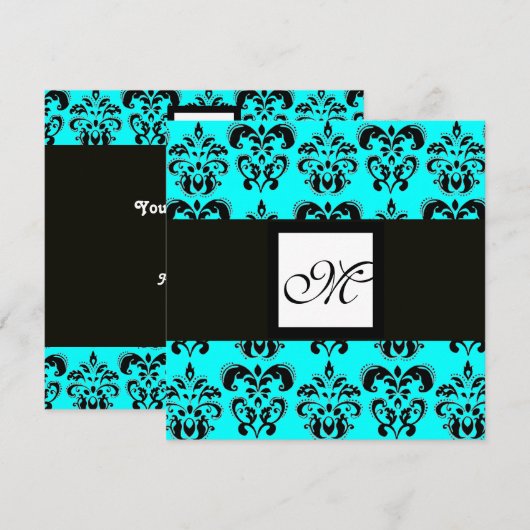 DAMASKMONOGRAM, zwart-wit, blauwe turquase Kaart (Voorkant / Achterkant)