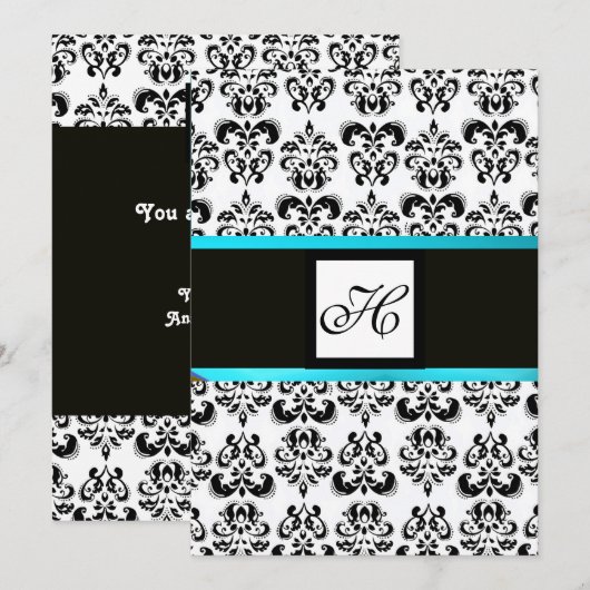 DAMASKMONOGRAM, zwart-wit, blauwe turquase Kaart (Voorkant / Achterkant)