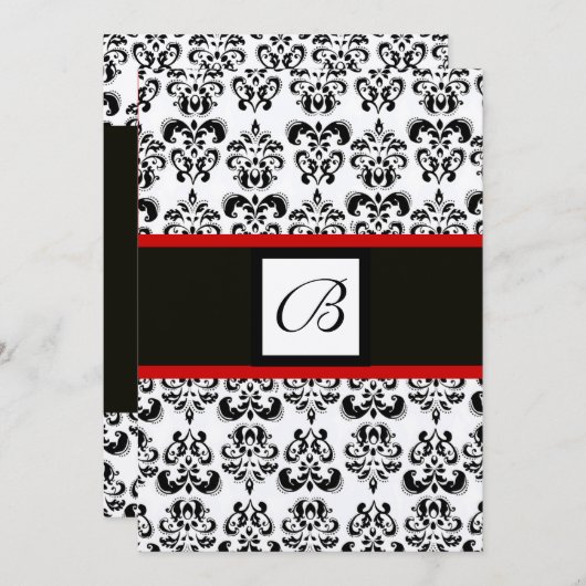 DAMASKMONOGRAM, zwart, wit, zilvermetel, rood Kaart (Voorkant / Achterkant)