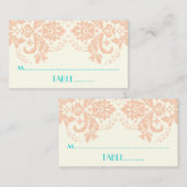 Damaskmotief perzik, aqua, ivoren trouwplaats kaar plaatskaartje (Voorkant / Achterkant)