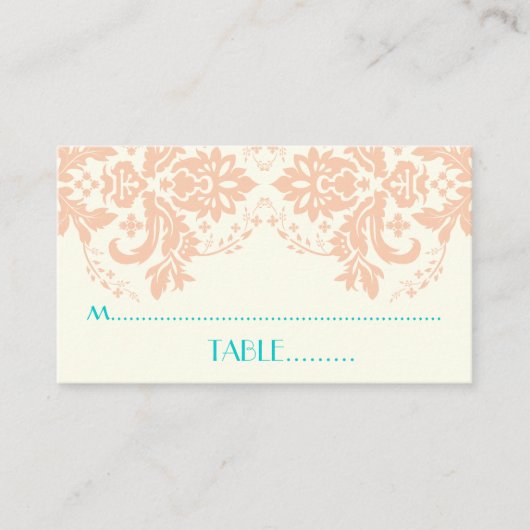 Damaskmotief perzik, aqua, ivoren trouwplaats kaar plaatskaartje (Voorkant)